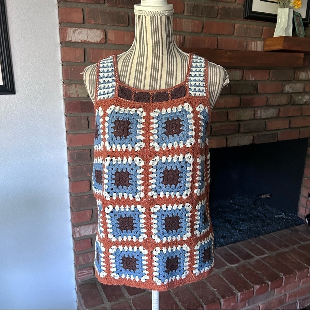 CATO Granny Square Crochet Tank Top Brown Blue Sz XS